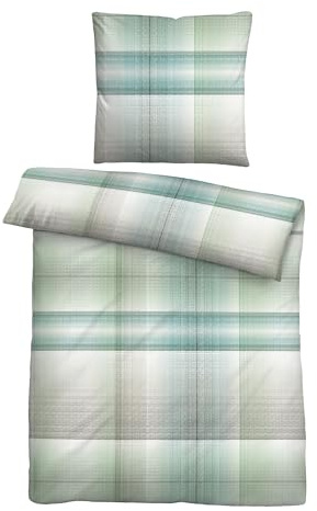 biberna Seersucker Bettwäsche 135x200 cm, 2-teilig mit Kissenbezug 80x80 cm, 100% Baumwolle, kühlend, bügelfrei & atmungsaktiv, Reißverschluss, Sommerbettwäsche, Karo, grün, Modell 0024519