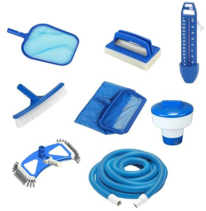 SPIDO - Destockage - Kit Entretien Piscine - Kit Nettoyage Piscine avec Épuisette, Brosse, Diffuseur Chlore, Thermomètre et Kit Aspiration Manuel (Kit Entretien 5M)