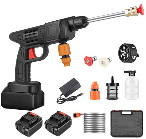 Idropulitrice a Batteria, 48V Max 90 Bar Idropulitrice Portatile con 2 Batteria, Ugello Multispruzzo 6 in 1, Tubo da 5M, Lancia di Prolunga, Strumento per La Pulizia Dell'auto da Esterno