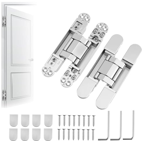 2 Pack Hidden Door Hinges: 180° Adjustable Concealed Hinges 40kg Capacity | Zinc Alloy Invisible Hinges for Bookcases Cabinets, Wooden Doors and Folding Doors - Sliver