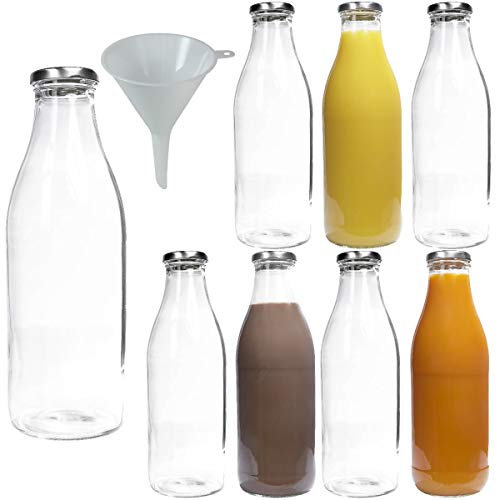 Viva Haushaltswaren Lot de Bouteilles en Verre/Bouteilles de Lait 250 ML avec Entonnoir à vis – argentées, Verre, Deckel Silber, 8 x 1000ml