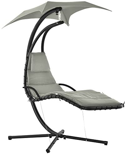 Outsunny Bain de Soleil transat Suspendu avec Pare-Soleil et Matelas Design Contemporain 194L x 117l x 192H cm Acier Polyester Gris Noir