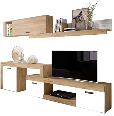 FABRIKIT Mueble Salón Modular Rinconero Conjunto Completo Mueble TV Argos 4 Módulos Blanco Mate y Roble Naturale 293x200x40 cm