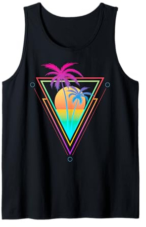 Retro 1980s 1990s Vaporwave Palm Trees Sunset Beach Surf Art Tank Top