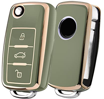 OATSBASF Autoschlüssel Hülle VW, VW Golf Schlüsselbox,Schlüsselhülle Cover für vw Polo Passat Skoda Seat 3-Tasten (Goldener Rand-Grün)
