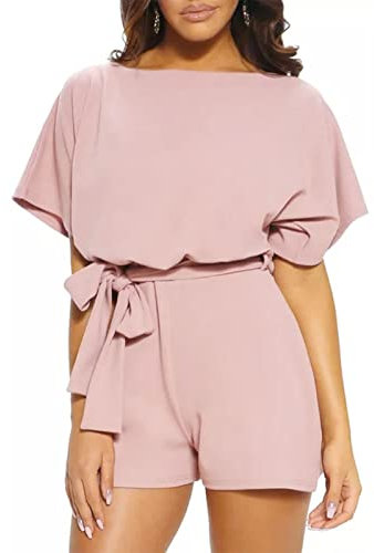 Ejoyous Jumpsuit Damen Sommer Blumen kurz Overall, Jumpsuit Kurz Playsuit Overal Elegant mit Bindegürtel Ausschnitt Spagettiträger Stretch Locker Damen Frauen(S-Hell-Pink)