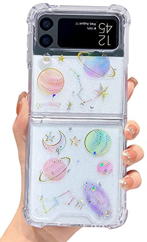 Abbery für Samsung Galaxy Z Flip 3 5G Hülle Transparent Bling Glitzer Stoßfest Schutzhülle mit Blumen Das Schleierkraut Sterne Mond Universum Muster Stoßfest Anti-Kratzer Handyhülle Case (Universum)