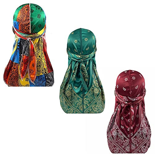 Verschiedene Paisley Bandana Doo Tuch Cap Headwraps Herren Damen Seide Durag mit langem Schwanz und breiten Trägern für 360 Wellen, Weinrot, Grün, mehrfarbig, 59 EU