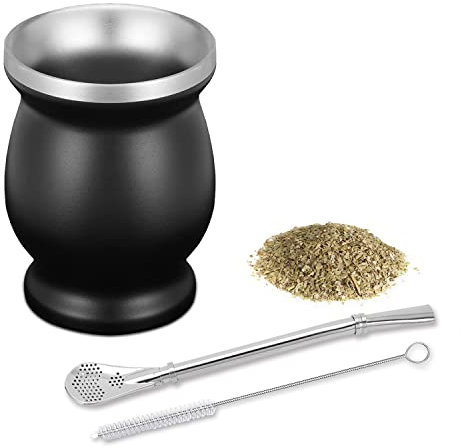 thirei Set Mate, 230ML Calabaza Mate, Tazas Yerba Mate, con Pajita y Brocha, para Cocinas, Restaurantes, Cafeterías, Negro
