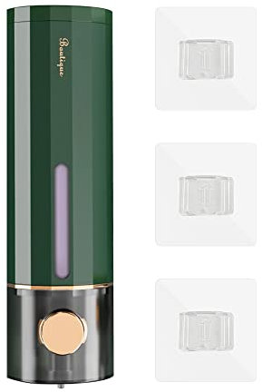 Modixun Dispensador de jabón líquido de montaje en pared, 450 ml, dispensador de jabón de manos de ducha, dispensador de champú autoadhesivo con 3 adhesivos para baño, cocina, color verde