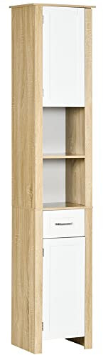 kleankin Colona Bagno, Mobile Bagno Alto in Truciolato con un Cassetto, 2 Armadietti e 2 Ripiani Aperti Regolabili, 37x30x184 cm, Bianco e Color Legno
