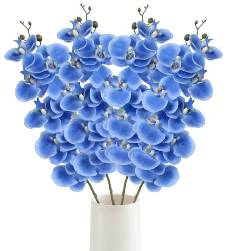 IPOPU Orchidee artificiali, 92 cm, 4 pezzi, finta orchidea, in lattice, seta, veri e propri tocchi, fiori artificiali, gambo lungo, per vasi alti per matrimoni, casa, feste, decorazioni (blu)