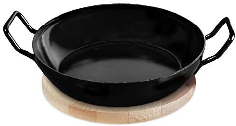 KRÜGER Emaille-Schlemmerpfanne mit Holzteller 20 cm - Pfanne mit optimaler Wärmeleitung - induktionsgeeignet & hitzebeständig - ideal zum Braten, Kochen, Überbacken & Servieren (20 cm)