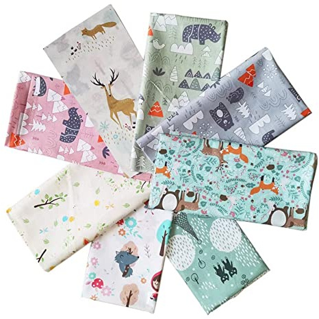 Yurosiay 8 Stück 50×50cm Baumwollstoffe Mit Niedlichen Cartoon Tieren - Patchwork Stoff Zum Nähen - Stoffpaket für DIY Handwerk - Fuchs