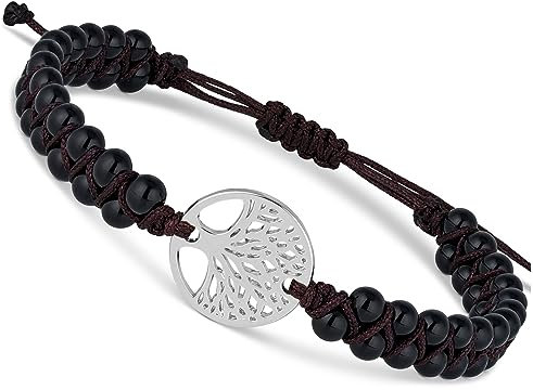 BENAVA Damen Yoga Armband Onyx Edelstein Perlen mit Lebensbaum Anhänger Schwarz | Edelstein Armband Meditation | 16-24 cm