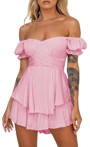 Springcmy Women Puff Sleeve Square Neck Romper Dress Off Shoulder Ruffle Shorts Smocked Layered Flowy Jumpsuit Beach Swing Dress (A-Pink, S)