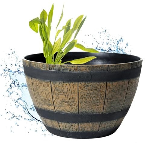 LB H&F Miniteich Wanne Schale Pflanschale groß - rund - wasserdicht 40cm sehr stabil - Kunststoff - 40 Liter - Pflanzkübel Garten Holzfass Weinfass Eichenfass (Rund Fass)