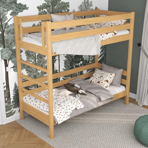 N-Wood N03 Etagenbett 80x190 cm, Kinderbett für 2 Kinder, 2 Leitermontageseiten: Links oder rechts, sichere abgerundete Kanten, Stabile Massivholzkonstruktion, inklusive Lattenrost, Naturkiefer