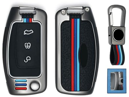 Yamlten Ford Schlüsselhülle (1 Stück)，Autoschlüssel Hülle Ford für Kuga Focus Fiesta Mondeo Fusion C-Max Kuga Ecosport, 3 Tasten ZinkLegierung mit Schlüsselanhänger-Schwarz…