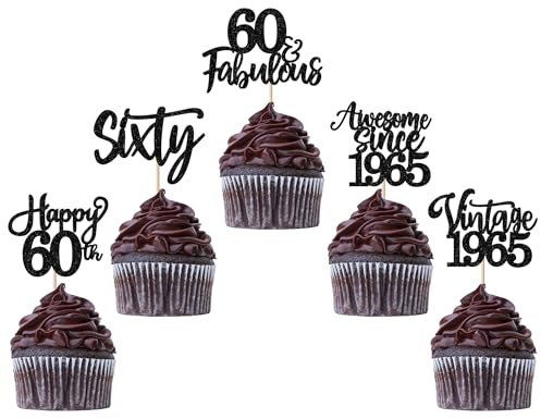 30 Stück Vintage 1965 Tortendeko Glitzer Happy 60th Sixty Awesome Since 1965 Cupcake Toppers 60 Fabulous Kuchen Deko für 60. Geburtstag Hochzeitstag Party Kuchen Dekorationen Schwarz