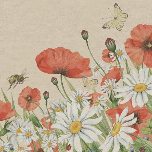 25 nachhaltige Servietten aus Recycling-Papier Blumen Mohn und Margeriten als Tischdeko. Papierservietten mit Motiv. Ökologisch nachhaltige Deko aus recyceltem Papier. 33x33cm