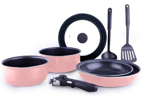 Batería de cocina de aluminio EasyClick de 8 piezas, mango extraíble y utensilios de color rosa pastel