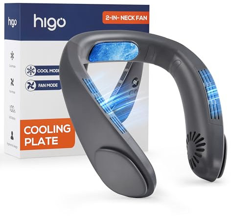 HIGO Neck Fan with Cooling Plate, Neck Air Conditioner, 3 Speeds Portable Neck Fan Rechargeable, Cooling Neck Fan for Women and Men, Space Gray