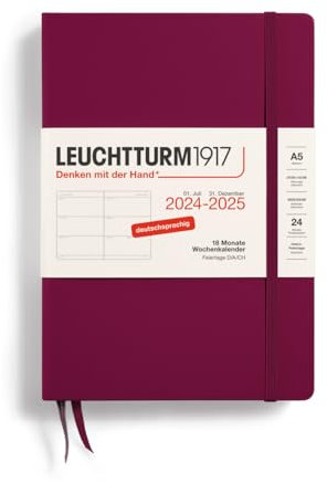 LEUCHTTURM1917 370627 Wochenkalender Medium (A5) 2025, 18 Monate, Port Red, Deutsch