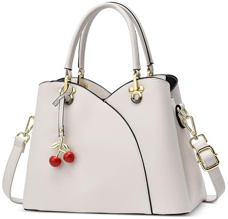 DORRISO Elegante Damen Handtasche PU Leder Mode Henkeltasche mit Schickem Kirsch-Anhänger Schultertasche für Reise Urlaub Business Lässig Nachmittagstee Einkaufen Damen Tasche Tote Bag Weiß