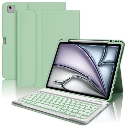 AVNICUD Tastatur für iPad Air 13 2025/2024 M3/M2 mit Beleuchtung, Hülle mit Tastatur für iPad Pro 12.9 6/5/4/3 Generation Keyboard QWERTZ Layout Bluetooth Magnetisch Abnehmbare, Grasgrün