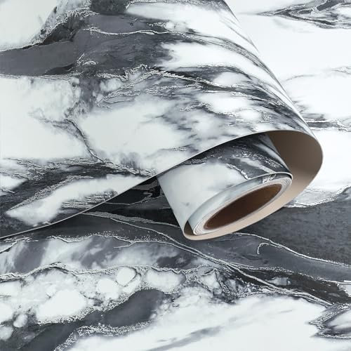 VaryPaper Dark Grey Marble Effect Self Adhesive Vinyl Wallpaper Marble Sticky Back Plastic 40cmx200cm Matte White Marble Vinyl Wrap for Kitchen Cupboards Worktop Adhesive Table Cover Furniture Wrap