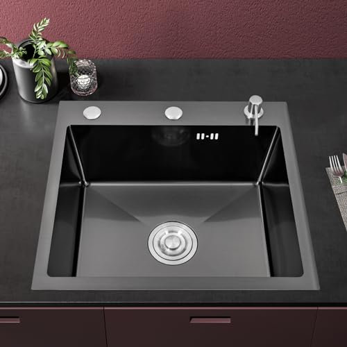 Fregadero de cocina de acero inoxidable, negro, 1 plato, con dispensador de jabón y tubo, rectangular, 50 x 45 cm