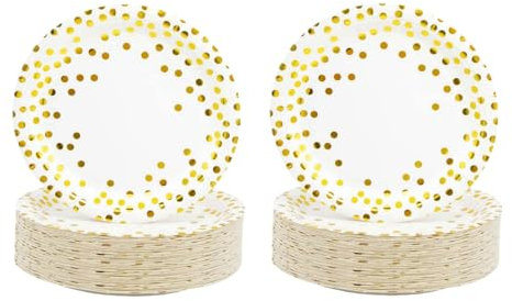 CEILIWEN Piatti bianchi e oro, piatti di carta oro bianco, piatti di carta a pois da 17,8 cm, piatti di carta per feste, piatti per feste dorati, confezione da 100 (piatti oro bianco - 100 pezzi)
