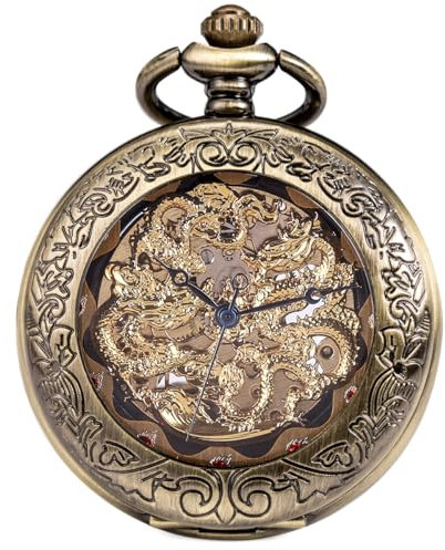 ManChDa Taschenuhr-Taschenuhren Spezielle Lupe Abdeckung Glücklicher Drache Mechanisches Skelett Antike Steampunk Handaufzug Römische Ziffern Antike Fob Uhr für Herren mit Kette Geschenk Box | Bronze