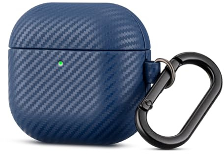 Haobobro Carbon-Look Lederhülle für AirPods 4 Leder Case mit Karabiner | Handgefertigt AirPods 4 Leder Hülle - Stoßfest Air Pods 4 Ledercase - Top Grain Leather Schutzhülle - Blau