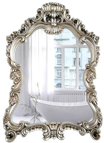 Barock Badezimmerspiegel 57x77cm Vintage Wandspiegel für Waschtisch Wohnzimmer Eingang Antik Verzierter Dekorativer Spiegel (Silber)