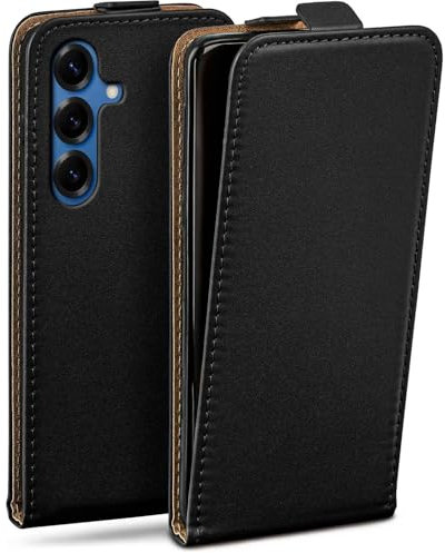 moex Flip Case für Samsung Galaxy S25 Hülle klappbar mit 360 Grad Schutz, Handyhülle mit Displayschutz, PU Leder Handytasche Lederhülle, Flip Case Cover Klapphülle, Schwarz