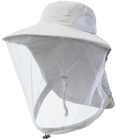 Chapeau de soleil UPF50+ avec moustiquaire, protection de la nuque, en maille, étanche, avec large bord, pour la pêche, le jardinage, le camping, l'apiculture, gris clair, Taille unique