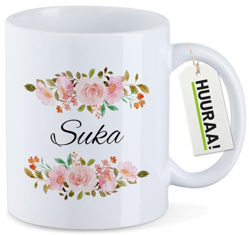 Huuraa Kaffeetasse Suka russisch Blumen Geschenk | Motivtasse 330ml Weiß Keramik Tasse mit Spruch Kaffeebecher Geschenkidee Becher mit Motiv