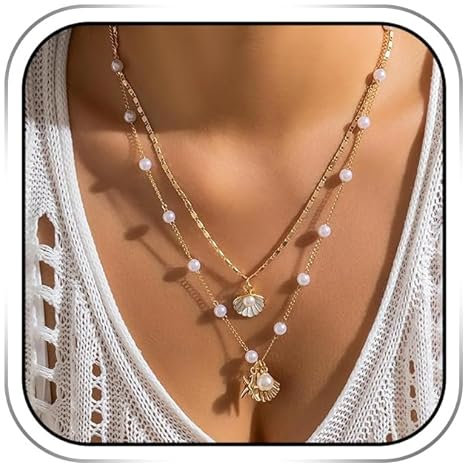 YUEXNKO Muschelkette Damen, Boho Seestern Halskette, Muschelkette, Seashell Necklace Beaded, Muschel Kette Bohemian, Halskette Damen, Muschel Halskettes Damens Verstellbar, Sommer Schmuck