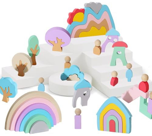 LETTERASHQP Regenbogen Holz Stapelturm Baby Stapelspiel Stapelsteine Stapelspielzeug Holzbausteine Stapelturm Steckspiel Sortierspiel Lernspielzeug Motorikspielzeug Stapelturm ab 1 2 3 4 5 Jahr