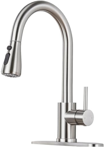 LUFG Kitchen Faucet with Pull Down Sprayer - Brushed Nickel Single Handle Kitchen Faucets, High Arc Stainless Steel Pull Out Kitchen Sink Faucet with Deck for RV Laundry Farmhouse