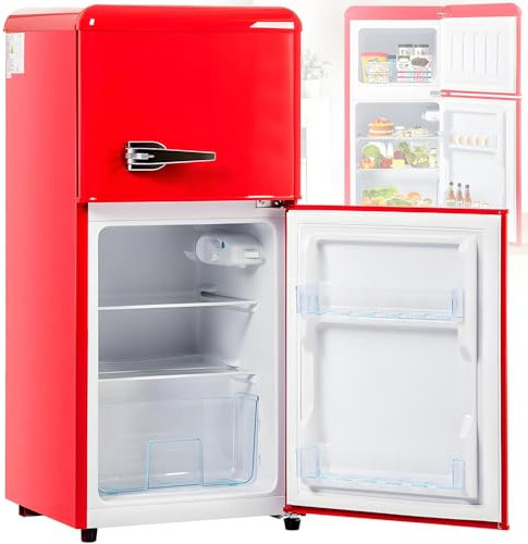 Combinación de frigorífico y congelador retro: refrigerador de dos puertas de 38 L, compartimento congelador de 22 L de 4 estrellas, capacidad útil de 60 L, iluminación interior LED,Red