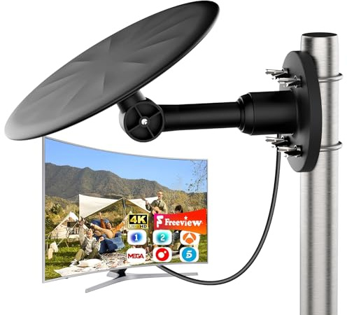Antena TV Exterior 2026 Mejorada, Recepción HD y 4K con Cobertura 720°, Señal de Largo Alcance, Cable Coaxial 10m, Instalación Sencilla en Tejados, Paredes y Terrazas, Compatible con Smart TV (Negro)