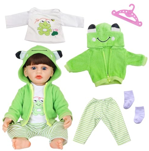 Puppenkleidung für 50-55 cm Puppe, Frosch Puppenkleid Set für 20-22 Zoll Babypuppen, 1 Grün Kappenjacke 1 Top 1 Streifenförmige Hosen 1 Paar Socken 1 Kleiderständer, Niedliche Tierdrucke Puppensachen
