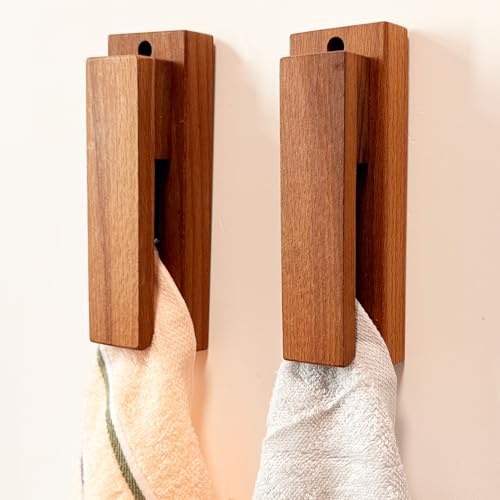 Wobodan 2PCS Towel Hooks Wall Mounted, Wooden Adhesive Wall Hooks for Hanging, Tea Wall Hanger Hooks, Kitchen Towel Holder, Coat Racks for Living Room Hallway (Brown)