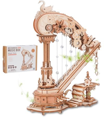 ROBOTIME 3D Puzzle Holz Harfe Baukasten mit automatischem Saitenzupfen - 18. Jahrhundert Pedal Harfe Modell, Sichtbares Mechanisches Getriebe, DIY Handwerk für Wohnkultur und Geschenk Geben