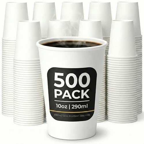 Paper Cups 10oz (290ml) – 500 Pack White Disposable Coffee Cups – Strong Single Wall Cups for Hot & Cold Drinks – Leak-Resistant, Smooth Rim – Ideal for Parties, Home, Office, Cafés & Events