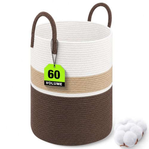 HNYQQL Larger Woven Laundry Storage Basket (White Khaki＆ Dark Brown) | Cotton Rope Laundry Hamper, Washing Basket Soft Toy Storage, Thickened Handles, Tri-Color Decorative Storage Bin