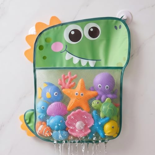 Baby Bath Toy Storage Organiser Mesh Net Suction Cups Wall Hanging Dinosaur